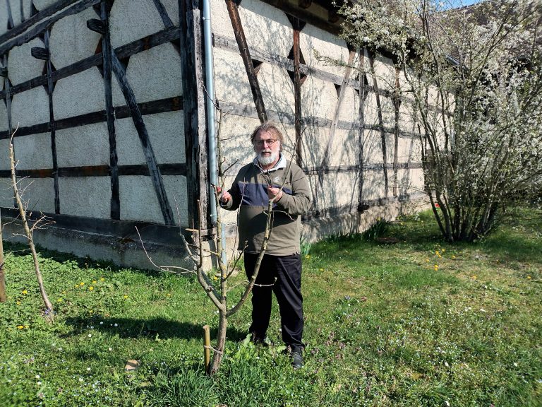 Georges Wirtz se tenant devant un arbre fruitier